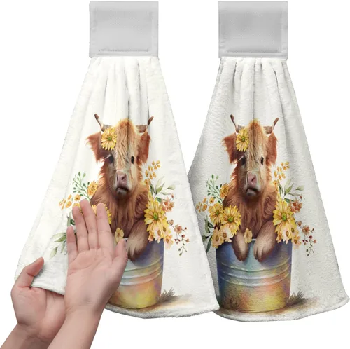 Vista 73 de Honey Bee - Juego de 2 toallas colgantes de cocina de verano con lunares y lazo para colgar, toallas de cocina de granja amarillas, suaves