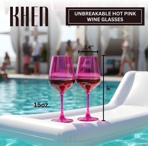 Vista 2 de Copas de vino de color rosa intenso irrompibles, flotantes para piscina, juego de 2 unidades, vasos Tritan, color magenta irrompible y rosa rubor