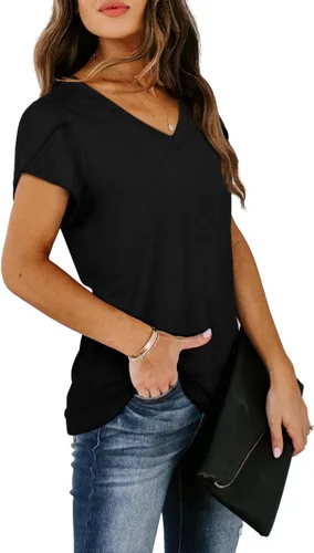 Vista 6 de WIHOLL Camisetas casuales de verano con cuello en V para mujer Negro