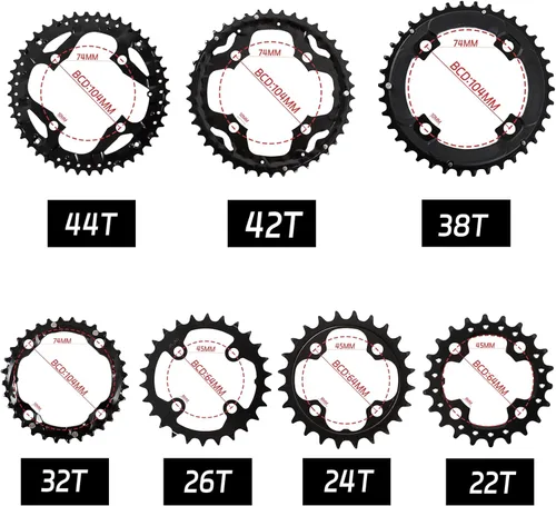 Vista 2 de BUCKLOS 64/104 BCD - Juego de platos para bicicleta con pasador, aleación CNC de acero doble/triple MTB 22T 24T 26T 32T 38T 42T 44T 4 pernos