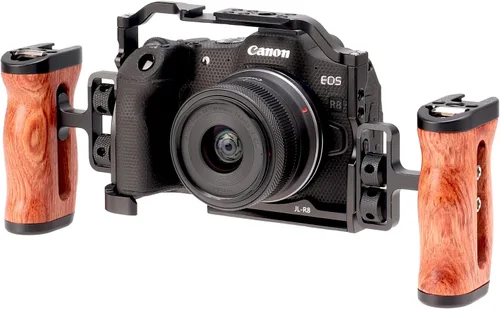 Vista 4 de Foto4easy R8 jaula para cámara Canon R8 con placa de liberación rápida para Arca-Swiss, incluye mango de madera lateral universal doble