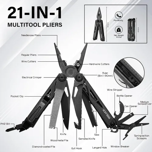 Vista 2 de Tijeras y alicates multiherramienta 21 en 1 con cortadores de tungsteno, autobloqueo Kit EDC duradero y resistente para camping, reparación, Negro