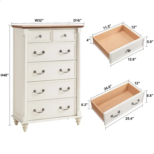 Vista 6 de T4TREAM Farmhouse - Cómoda de 6 cajones con patas de madera maciza, color blanco antiguo