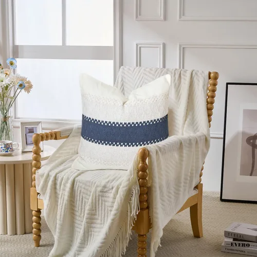 Vista 2 de 1 funda de almohada para sala de estar, algodón y arpillera, estilo bohemio decorativo para el hogar (beige y azul, 16 x 16 pulgadas)