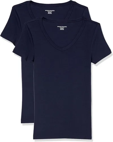 Vista 23 de Amazon Essentials Camiseta ajustada de manga corta con cuello en V para mujer, paquete de 2 Negro