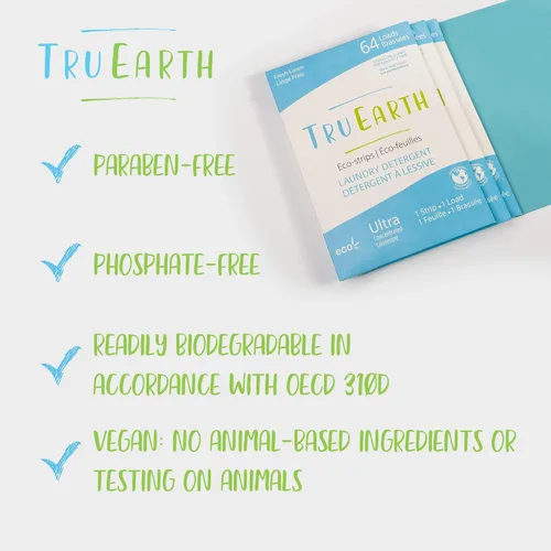 Vista 3 de Tru Earth Detergente seco compacto para ropa – hasta 128 cargas (64 hojas) – Sin parabenos – Detergente sin líquido original Eco-Strip, viajes, lino