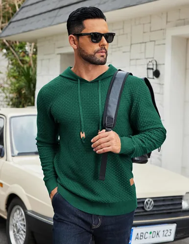 Vista 44 de COOFANDY Sudadera con capucha para hombre, casual, de manga larga, con cordón, de punto gofre, ajustada