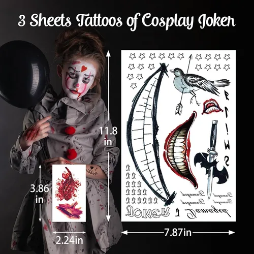 Vista 4 de Joker Tattoos 13 hojas, tatuajes temporales de Halloween para hombres, calcomanías de tatuaje falso de escuadrón suicida para adultos, disfraz