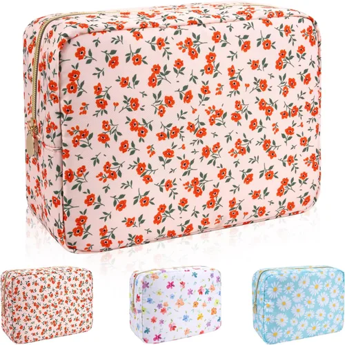 Vista 18 de Iqimott Bolsa Grande de Maquillaje de Nylon, Neceser de Viaje, Bolsa Grande de Cosméticos Preppy, Organizador de Maquillaje de Nylon, Bolsa de Beige