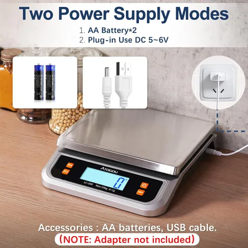 Vista 4 de Báscula de alimentos Atogou de 66 libras, báscula de cocina comercial enchufable Full View LCD Display, Stainless Steel, for Baking, Bread