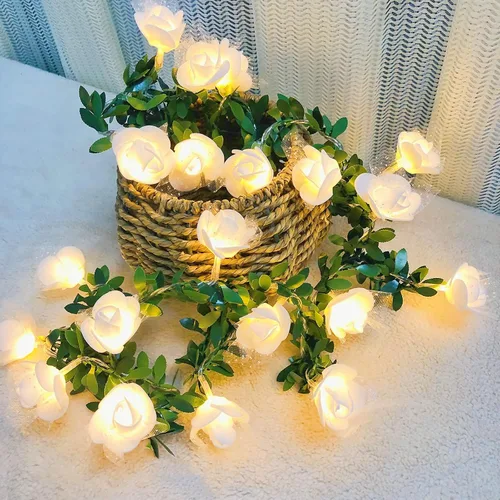 Vista 13 de Guirnalda de luces de encaje de rosas y vides, guirnalda de flores de espuma artificial, luz blanca cálida, funciona con pilas, para el día de San