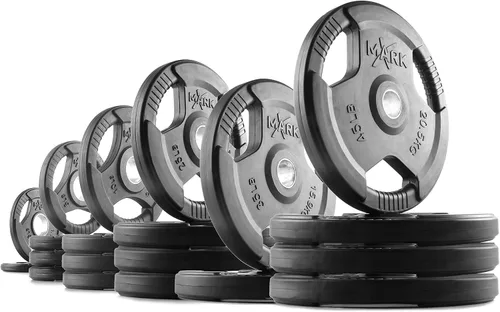 Vista 17 de XMARK TRI-GRIP - Par o juego de discos de peso olímpicos, pesas de ejercicio con revestimiento de goma para barra olímpica, juego de pesas de 01)