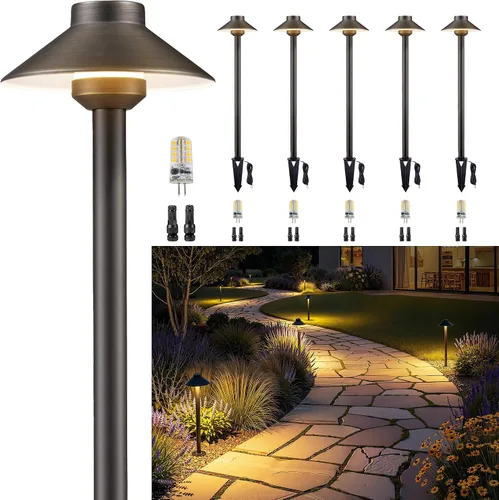 Vista 14 de Gardenreet Luces de camino de latón para exteriores, iluminación de camino de paisaje de bajo voltaje con cable, luz LED de pasarela de 12 V
