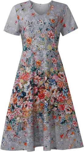 Vista 4 de ZEFOTIM Vestidos de verano para mujer 2023 de manga cortasin mangas, floral, cuello en V, vestido por debajo de la rodilla, vestidos casuales fluidos