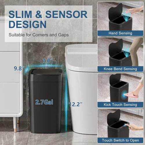 Vista 2 de Vanpopubs Paquete de 2 Botes de Basura de Baño de 2.7 Galones con Tapa, Bote de Basura Automático Pequeño Inteligente sin Contacto, Sensor