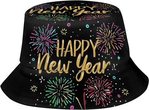 Vista 8 de Sombrero de pescador de feliz año nuevo para hombres, mujeres, adolescentes, plegable, con tema de Año Nuevo, sombreros para el sol, gorra