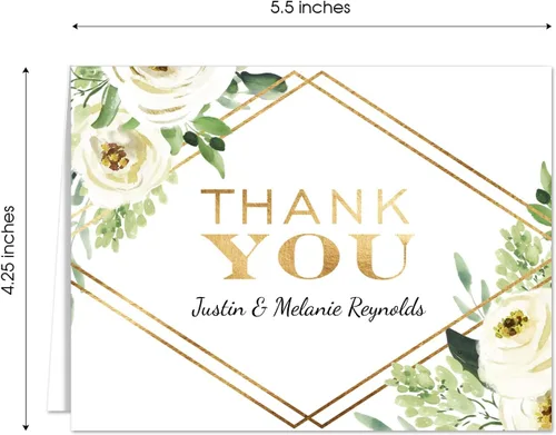 Vista 5 de Tarjetas de agradecimiento personalizadas con flores blancas de oro sintético, 100 tarjetas de agradecimiento modernas con sobres blancos, 4 1/4 x 5