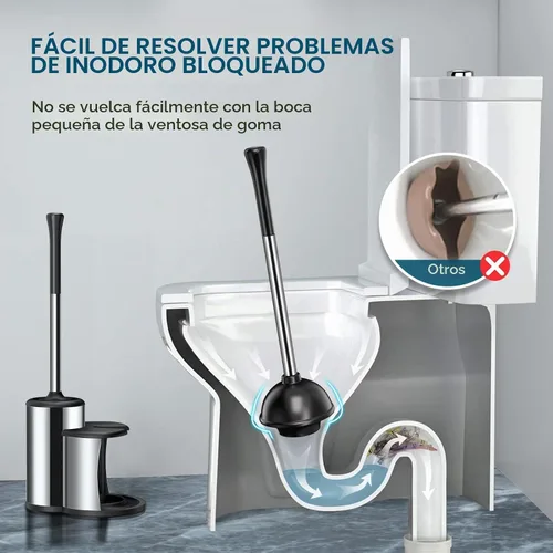 Vista 3 de Émbolo de inodoro y cepillo de inodoro con soporte de émbolo y cepillo de inodoro combinado con mango de acero inoxidable para limpieza de baño
