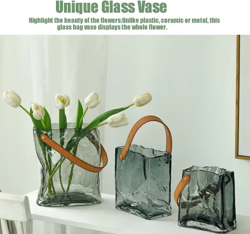 Vista 3 de Wnvivi Florero para flores, jarrones de vidrio, cuenco de pescado con asa, bolso plisado irregular en forma de jarrón de vidrio para centro de mesa
