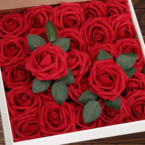 Vista 15 de Higfra Flores artificiales, 25 unidades, rosas falsas de espuma negra de aspecto real con tallos para ramos de boda, centros de mesa de despedida