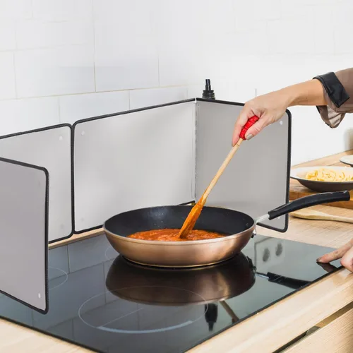 Vista 7 de Protector de salpicaduras de acero inoxidable de 2 caras para freír estufa, protector contra salpicaduras de aceite para cocina, pantalla plegable