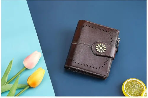 Vista 5 de Lavemi Cartera de cuero para mujer, pequeña, compacta, con bloqueo RFID, con bolsillo con cremallera