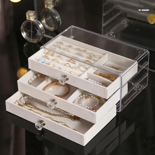 Vista 5 de Tookeen Organizador de joyas de acrílico, caja organizadora de almacenamiento de cosméticos de maquillaje, caja de joyería transparente con 3