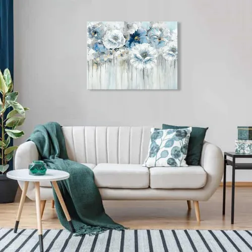 Vista 7 de Cuadro de flores para sala de estar, arte de pared floral azul y blanco sobre lienzo con detalles dorados para decoración de dormitorio gris, 32 x
