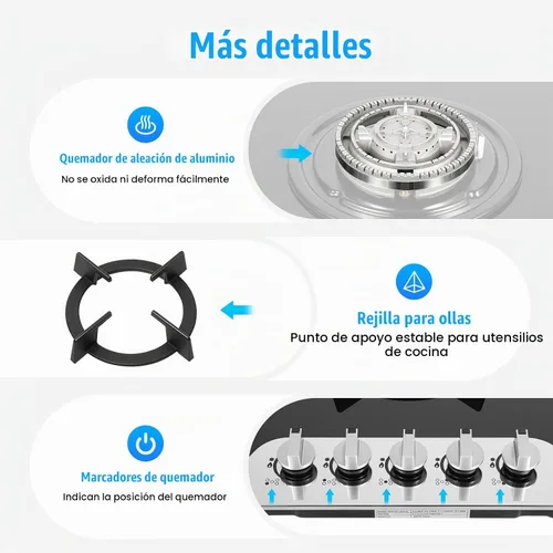 Vista 5 de Placa de cocina de gas NG de 36 pulgadas con 5 quemadores, convertible a GN/LPG, estufa de gas integrada con protección de termopar