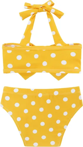 Vista 2 de Ahegao Traje de baño de 2 piezas para niñas y bebés, parte superior de tubo halter, parte inferior floral, con lazo, traje de baño para playa, traje