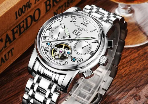 Vista 5 de CARNIVAL Mens tourbillon Automatic Mechanical Watch Silver Stainless Steel Multifunction Blue Watches