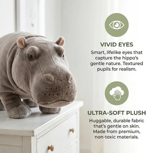 Vista 4 de Juguete de peluche realista de hipopótamo, animal de peluche de hipopótamo de 14 pulgadas, animales salvajes suaves, juguetes de peluche únicos