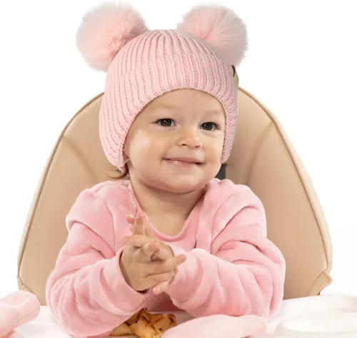 Vista 5 de C.C Gorro de piel doble con pompón para bebé con solapa para las orejas para niños y niñas, cómodo, suave, cálido, gorro de punto Skully