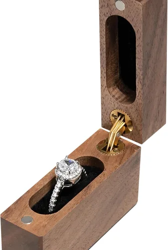 Vista 7 de Caja de anillo de compromiso de madera, pequeña funda plana delgada para propuesta, boda (Qué tal para siempre)