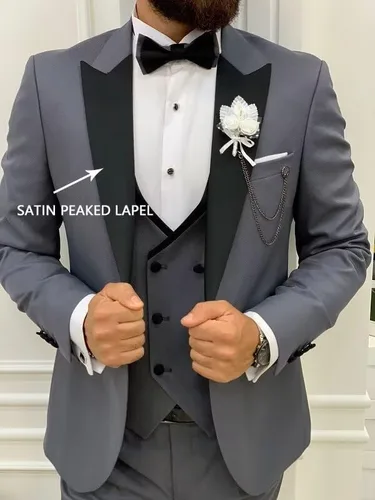 Vista 4 de HUUTOE Trajes de graduación ajustados de 3 piezas para hombre, esmoquin negros para hombres, traje de doble botonadura para hombre, traje de boda