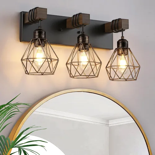 Vista 18 de Lámpara de tocador estilo casa de campo para baño, luminarias de tocador de baño de 2 luces negra dorada de madera sobre espejo, apliques rústicos