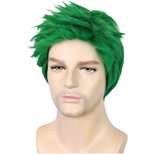 Vista 2 de Peluca verde para hombre corta recta en capas masculina peluca verde resistente al calor sintético reemplazo del pelo Verde oscuro
