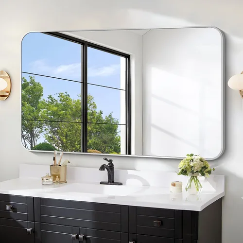 Vista 19 de FORBATH - Espejo de baño negro para sobre lavabo, espejo de pared de 16x24 pulgadas con marco de metal, esquinas redondeadas para baño, dormitorio