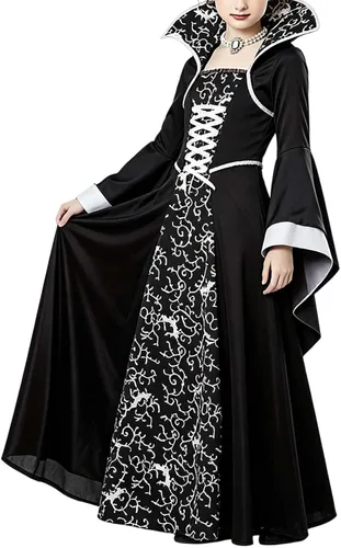 Vista 7 de Traje de Halloween para niña, disfraz de vampiro, terciopelo gótico negro y Blanco