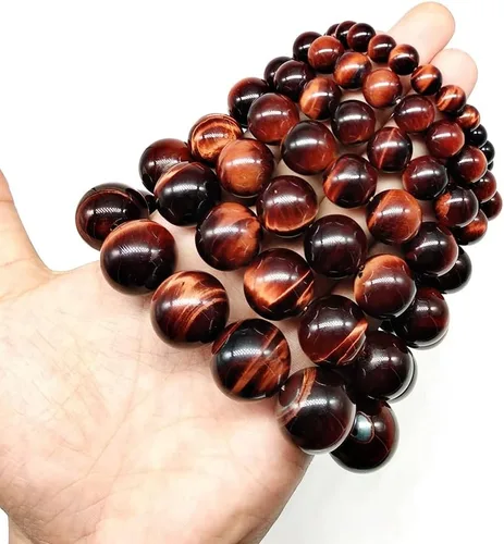 Vista 4 de Brazaletes y pulseras de cuentas de piedra natural con ojos de tigre rojos AA hechos a mano joyería de piedra energética para mujeres u hombres