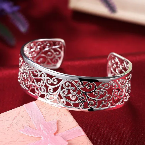 Vista 8 de KACON Pulsera de plata de ley 925, brazalete abierto simple de moda para mujeres y niñas