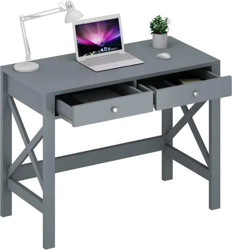 Vista 12 de ChooChoo Escritorio de Oficina en Casa Mesa de Escritura Mesa de Computadora Diseño Moderno Escritorio Negro con Cajones, Mesa de Tocador