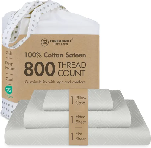 Vista 25 de Threadmill Sábanas para Cama Individual – 800 Número de Hilos Jacquard Celine Gris Oscuro, 100% Algodón Natural Juego de Cama de 3 Piezas a Rayas