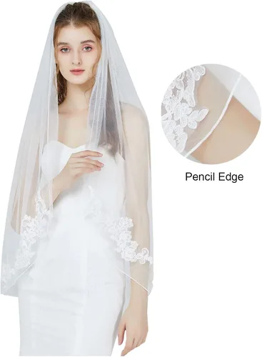 Vista 2 de BEAUTELICATE Wedding Bridal Veil with Comb 1 Tier Lace Applique Edge Fingertip Length