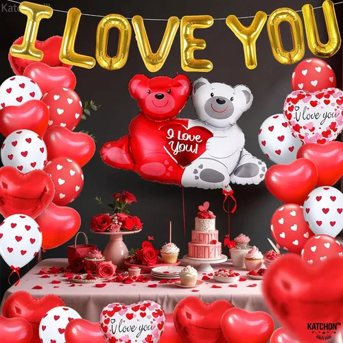 Vista 5 de KatchOn, Teddy Bear - Juego de globos con texto en inglés "I Love You", paquete de 55, 2000 pétalos de rosa roja con globos de corazón rojo