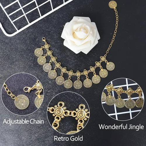 Vista 3 de Tobillera de cadena de plata, con colgantes en forma de moneda, estilo bohemio, sandalias para pie descalzo, joyería de cadena.
