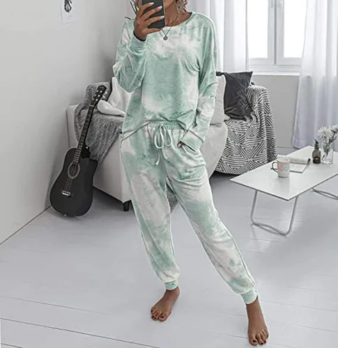 Vista 2 de YYW Conjunto de pijama de dos piezas con bolsillos para mujer, teñido anudado y manga larga