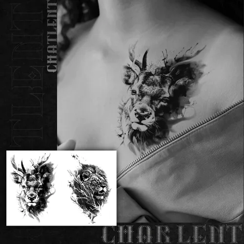 Vista 6 de CHARLENT 18 tatuajes temporales realistas de oso tigre, león, lobo para hombres y adultos, calcomanías de tatuajes de animales falsos negros