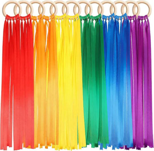 Vista 10 de Deekin 12 piezas de cinta de arco iris de madera Waldorf juguetes creativos Waldorf juego de cometas de mano serpentinas con anillo de madera