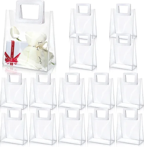 Vista 7 de Meanplan Paquete de 15 bolsas de regalo transparentes con asas, bolsas de regalo reutilizables de PVC transparentes para regalos, bolsas de plástico